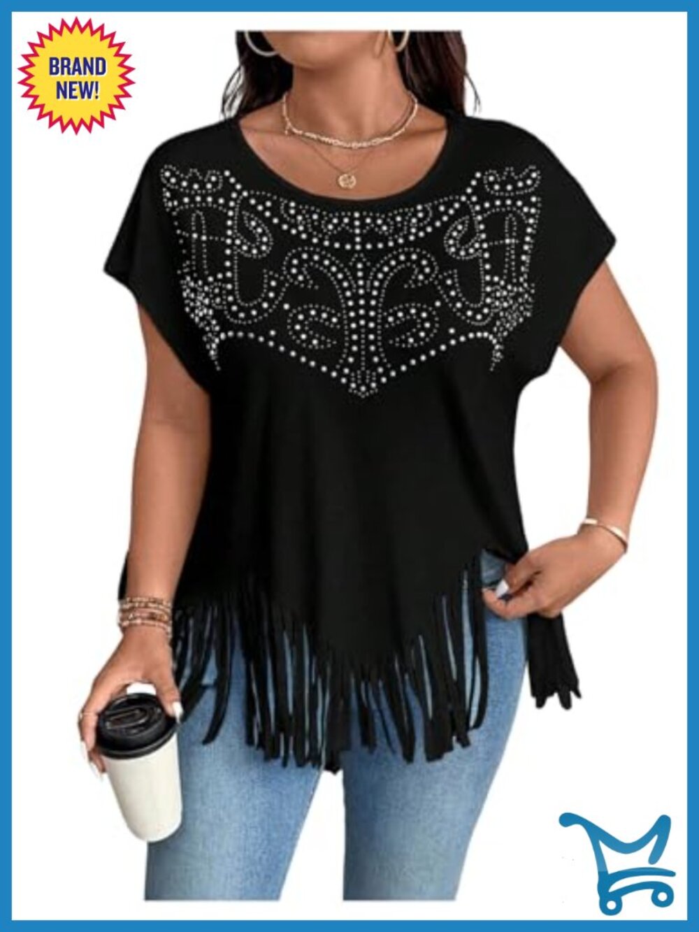 Plus Size Fringe Rhinestone Short Sleeve Crew Neck Casual Blouse Top